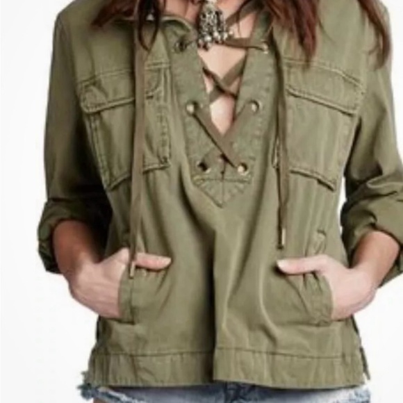 Free People Safari Pullover Lace up Army Green Anorak Hooded Top Size S - Picture 1 of 11